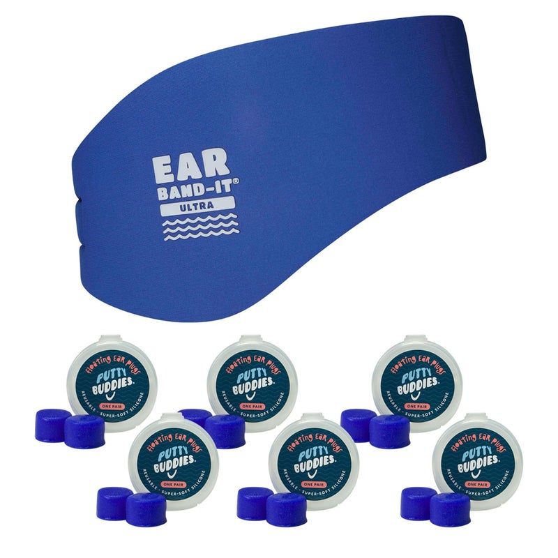 Earvolution Ear BandIt Ultra Premium Swimming Headband and Swimmers Ear Plugs Bundle Invented by Ear Nose and Throat Physician Made in The USA Custom AntiSlip Grip Neoprene Blue Large